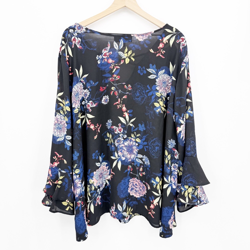 Chelsea Studio Floral V-Neck Blouse 4X Boho Ruffle Bell Sleeve Peasant Romantic - Picture 2 of 7